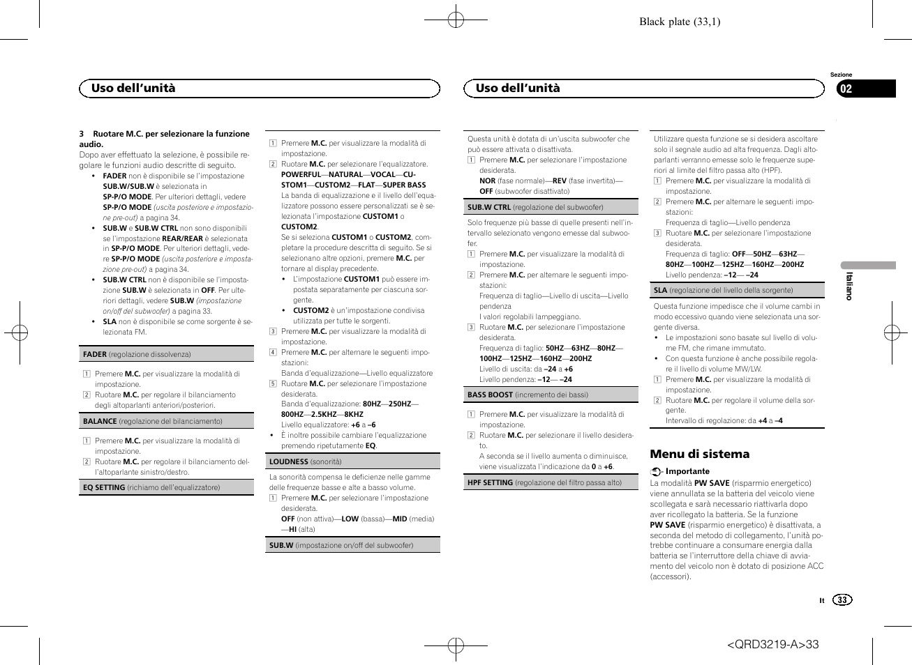 Menu di sistema, Uso dell ’unità | Pioneer DEH-1600UBG User Manual | Page 33 / 100