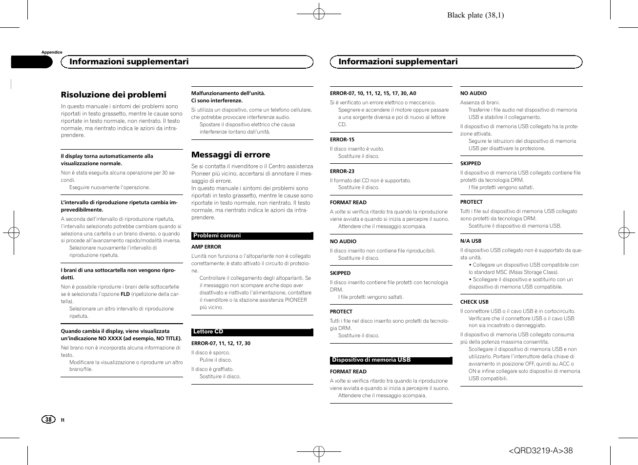 Risoluzione dei problemi, Messaggi di errore, Informazioni supplementari | Pioneer DEH-1600UBG User Manual | Page 38 / 100