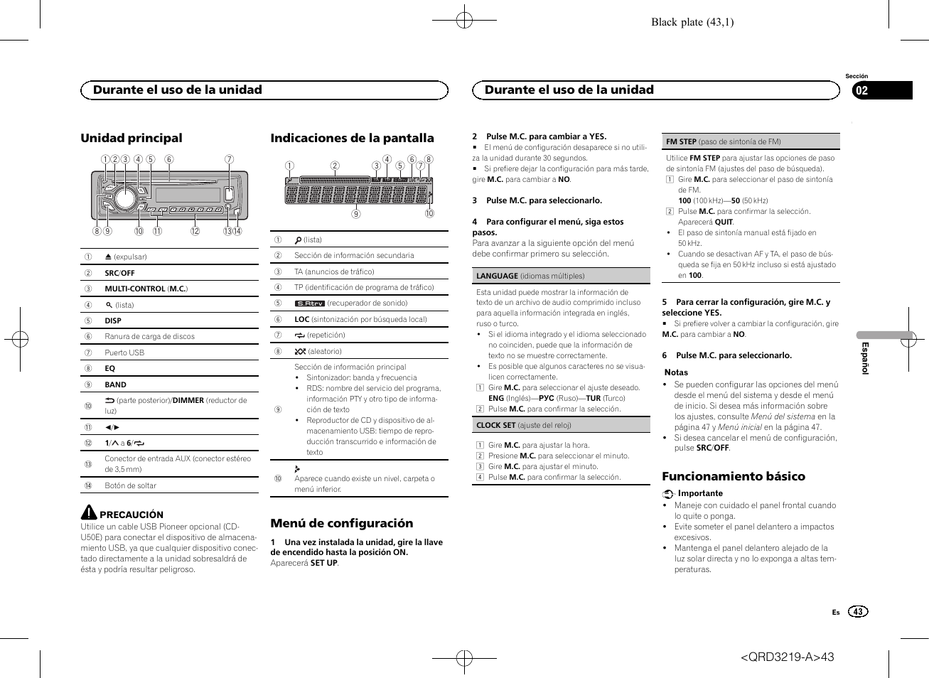 Unidad principal, Indicaciones de la pantalla, Menú de configuración | Funcionamiento básico, Durante el uso de la unidad | Pioneer DEH-1600UBG User Manual | Page 43 / 100