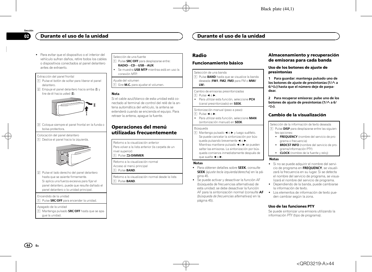 Operaciones del menú utilizadas frecuentemente, Radio, Durante el uso de la unidad | Pioneer DEH-1600UBG User Manual | Page 44 / 100