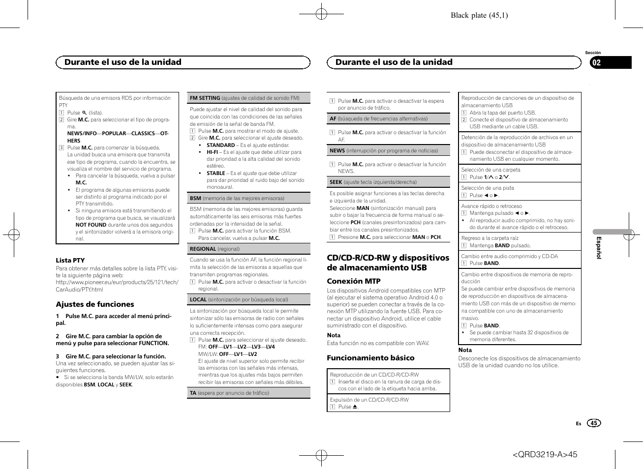 Cd/cd-r/cd-rw y dispositivos de almacenamiento usb, Durante el uso de la unidad | Pioneer DEH-1600UBG User Manual | Page 45 / 100