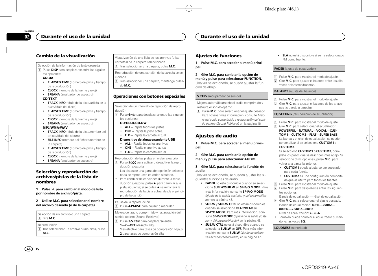 Ajustes de audio, Durante el uso de la unidad | Pioneer DEH-1600UBG User Manual | Page 46 / 100