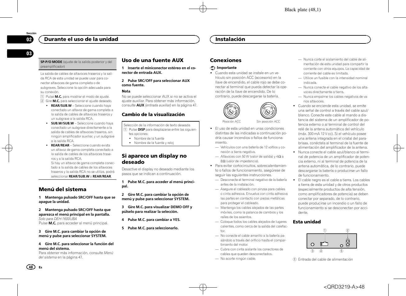 Sp-p/o mode, Sp-p/o mode (ajuste de la salida poste, Menú del sistema | Uso de una fuente aux, Si aparece un display no deseado, Conexiones, Durante el uso de la unidad, Instalación | Pioneer DEH-1600UBG User Manual | Page 48 / 100