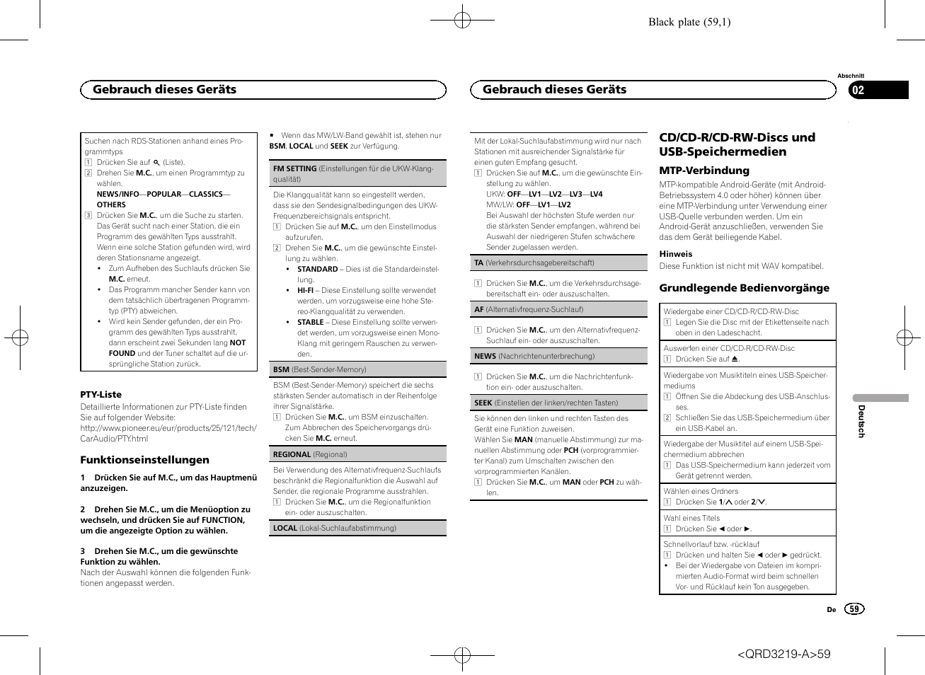 Seek (ein, Stellen der linken/rechten tasten) auf seite 59, Af (alternativfre | Quenz-suchlauf) auf seite 59), Cd/cd-r/cd-rw-discs und usb-speichermedien, Gebrauch dieses geräts | Pioneer DEH-1600UBG User Manual | Page 59 / 100