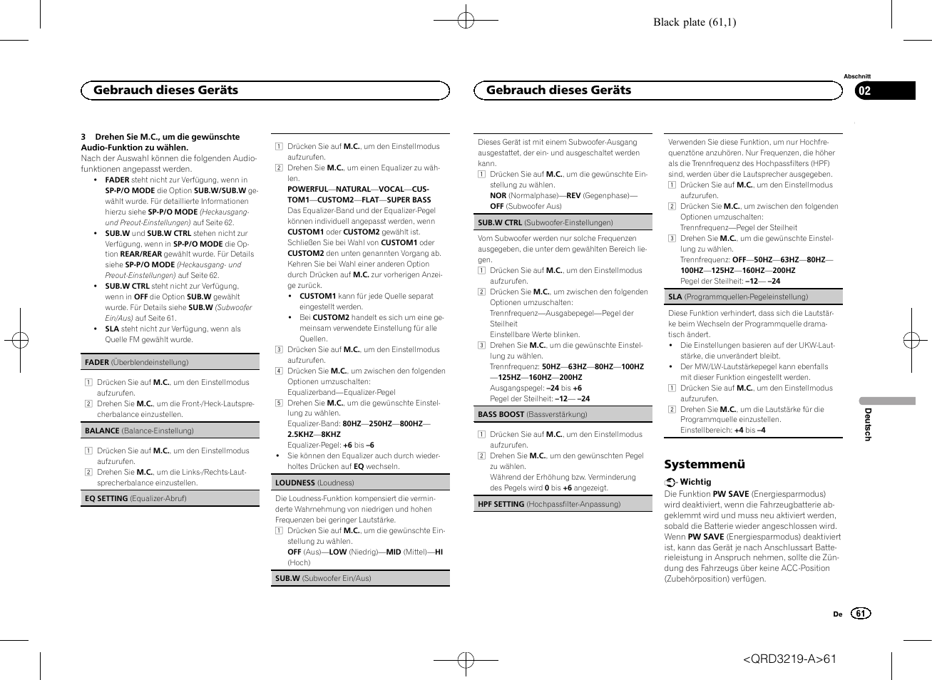 Systemmenü, Gebrauch dieses geräts | Pioneer DEH-1600UBG User Manual | Page 61 / 100
