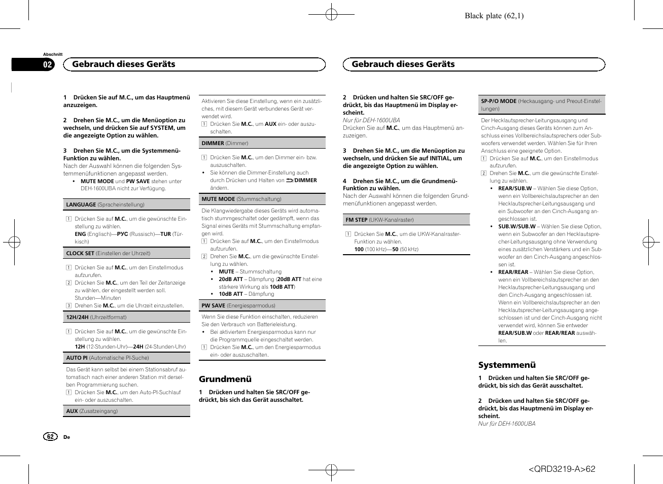 Sp-p/o mode (heckausgang, Und preout-einstellungen) auf seite 62, Sp-p/o mode (heckausgang- und | Preout-einstellungen) auf seite 62, Grundmenü, Systemmenü, Gebrauch dieses geräts | Pioneer DEH-1600UBG User Manual | Page 62 / 100