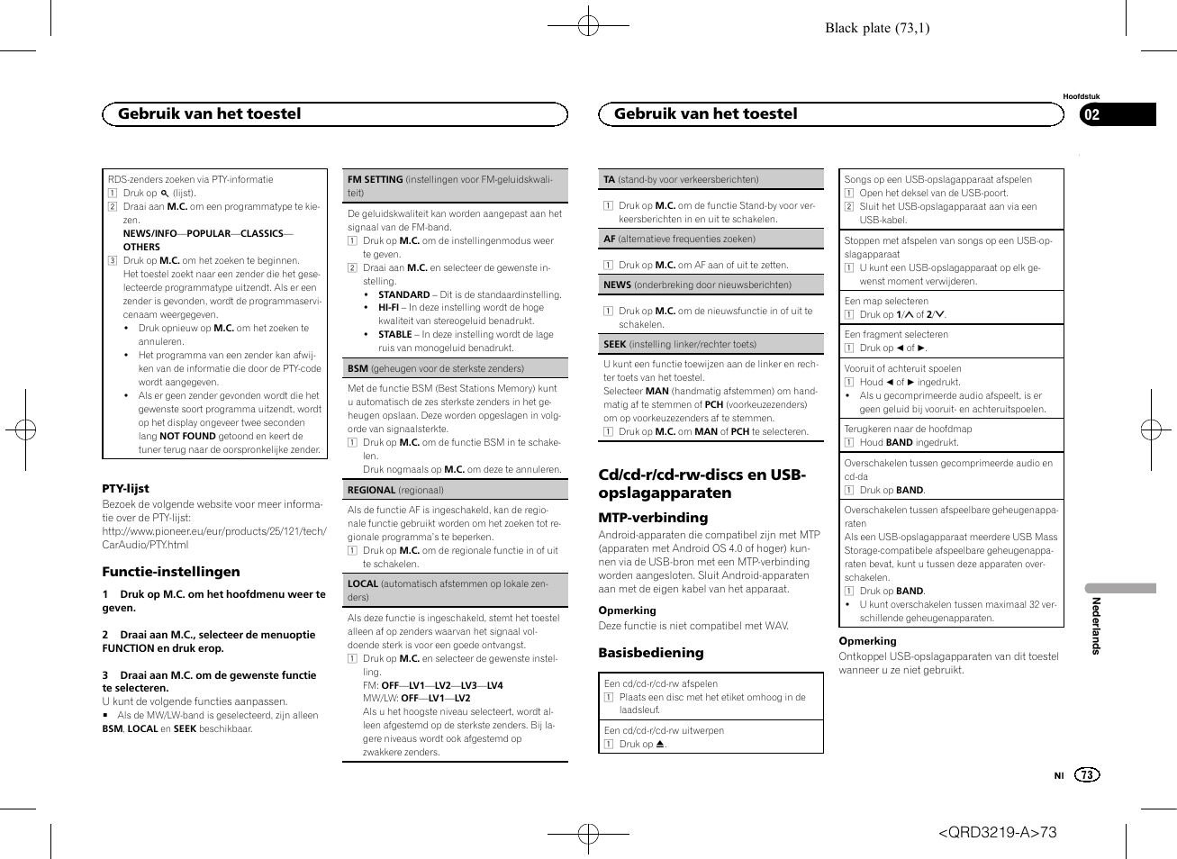 Seek (instelling linker/rechter, Toets) op bladzijde 73, Af (alternatieve frequenties | Zoeken) op bladzijde 73), Cd/cd-r/cd-rw-discs en usb- opslagapparaten, Gebruik van het toestel | Pioneer DEH-1600UBG User Manual | Page 73 / 100