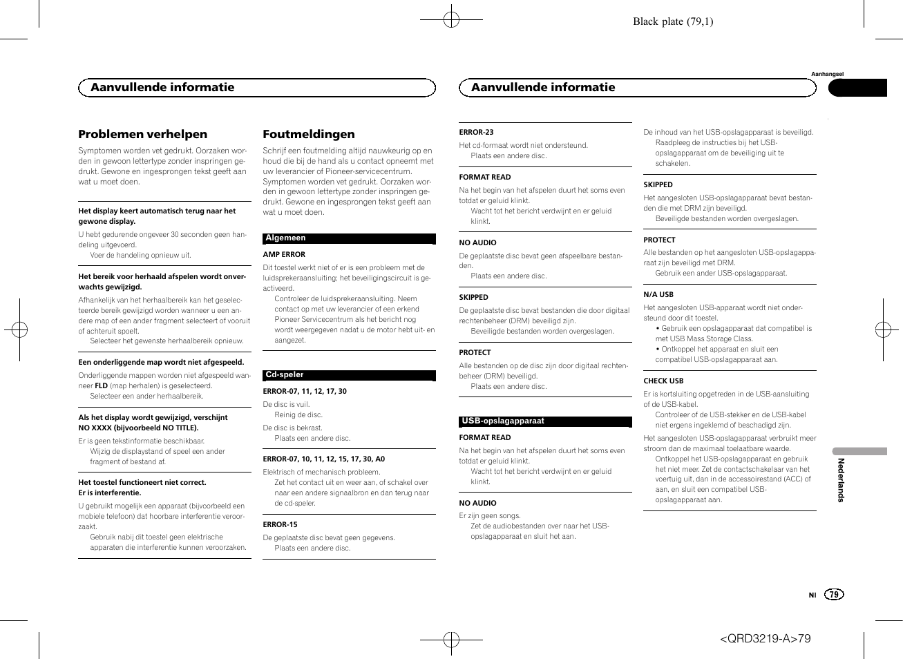 Problemen verhelpen, Foutmeldingen, Aanvullende informatie | Pioneer DEH-1600UBG User Manual | Page 79 / 100