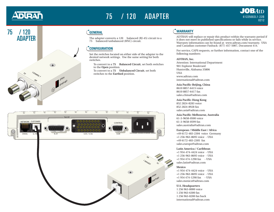 ADTRAN 20 Ohm Adapter User Manual | 2 pages
