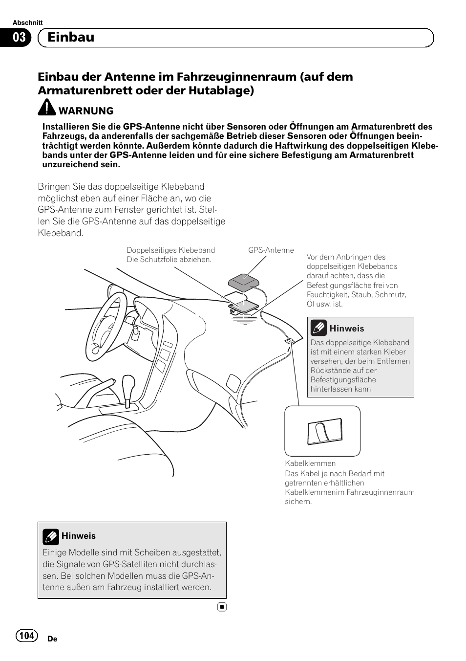 Einbau der antenne im, 03 einbau | Pioneer SPH-DA02 User Manual | Page 104 / 152
