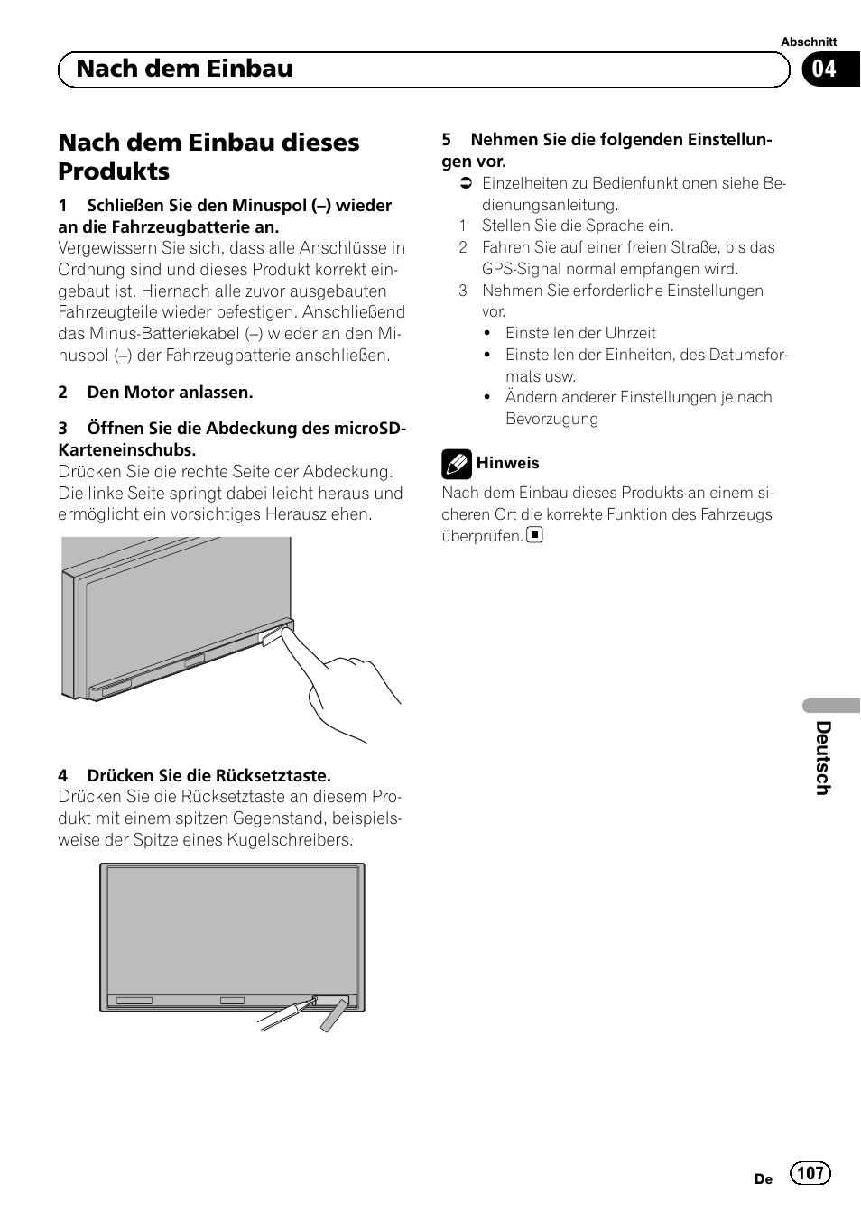 Nach dem einbau nach dem einbau dieses produkts, Nach dem einbau dieses produkts, 04 nach dem einbau | Pioneer SPH-DA02 User Manual | Page 107 / 152
