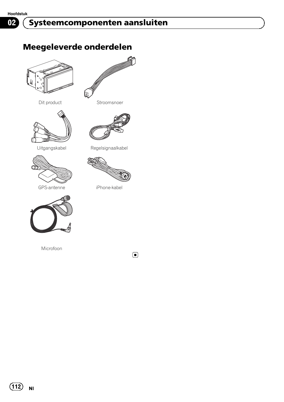Meegeleverde onderdelen, 02 systeemcomponenten aansluiten | Pioneer SPH-DA02 User Manual | Page 112 / 152