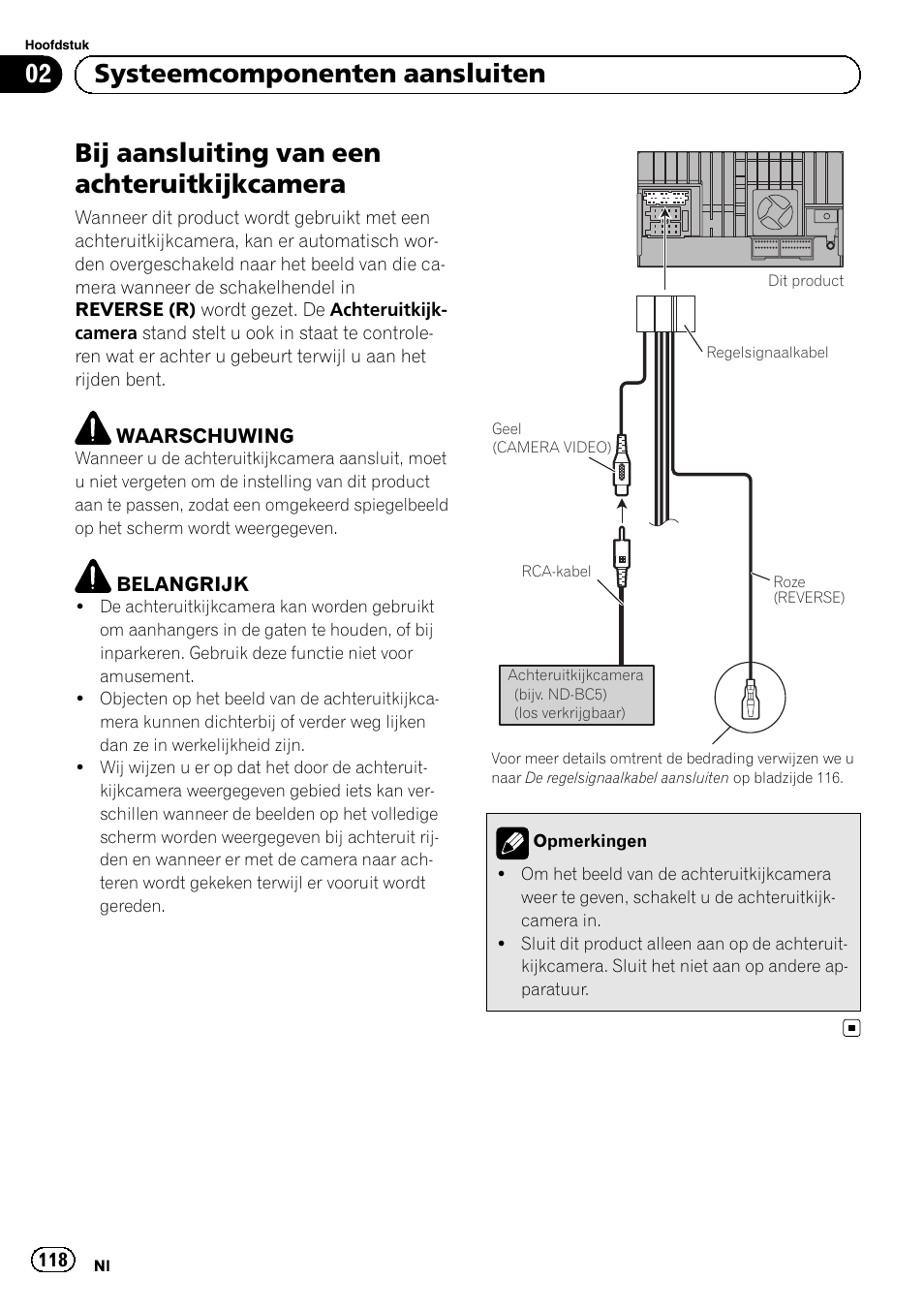 Bij aansluiting van een, Achteruitkijkcamera, Bij aansluiting van een achteruitkijkcamera | 02 systeemcomponenten aansluiten | Pioneer SPH-DA02 User Manual | Page 118 / 152