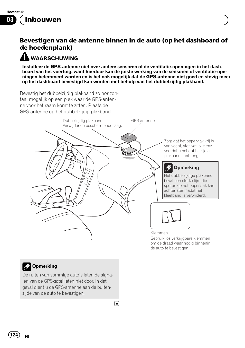 Bevestigen van de antenne binnen in, De auto (op het dashboard of de hoedenplank), 03 inbouwen | Pioneer SPH-DA02 User Manual | Page 124 / 152
