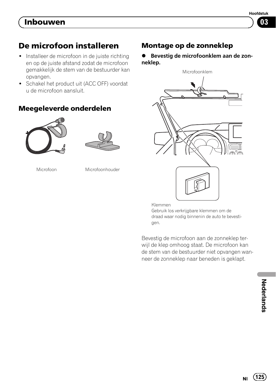 De microfoon installeren, Meegeleverde onderdelen 125, Montage op de zonneklep 125 | 03 inbouwen, Meegeleverde onderdelen, Montage op de zonneklep | Pioneer SPH-DA02 User Manual | Page 125 / 152