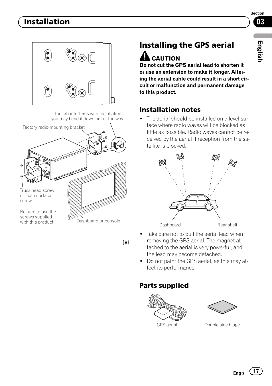 Installing the gps aerial, Installation notes 17, Parts supplied 17 | 03 installation, Parts supplied | Pioneer SPH-DA02 User Manual | Page 17 / 152