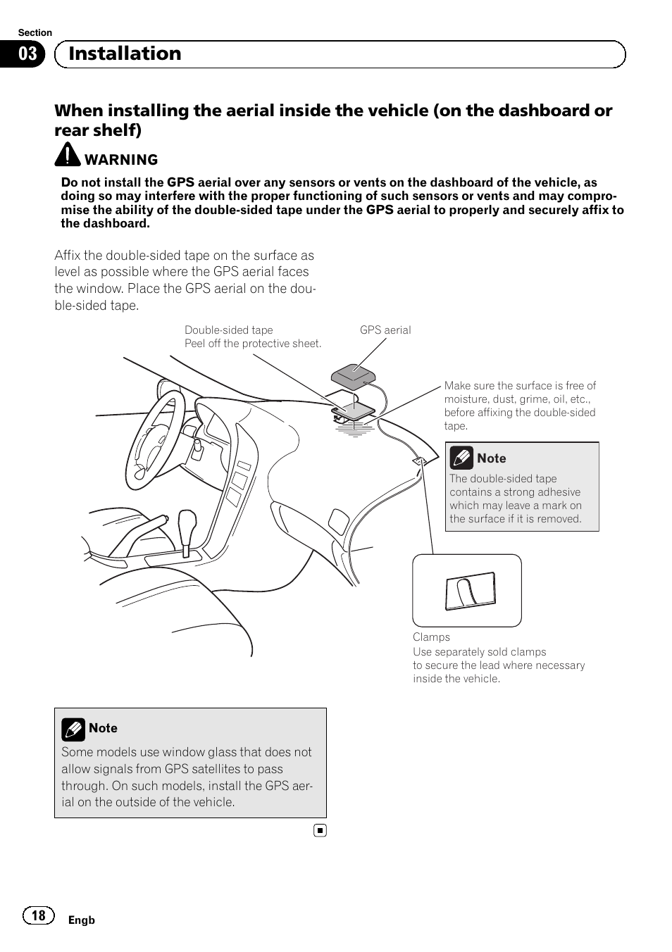 When installing the aerial inside the, Vehicle (on the dashboard or rear shelf), 03 installation | Pioneer SPH-DA02 User Manual | Page 18 / 152