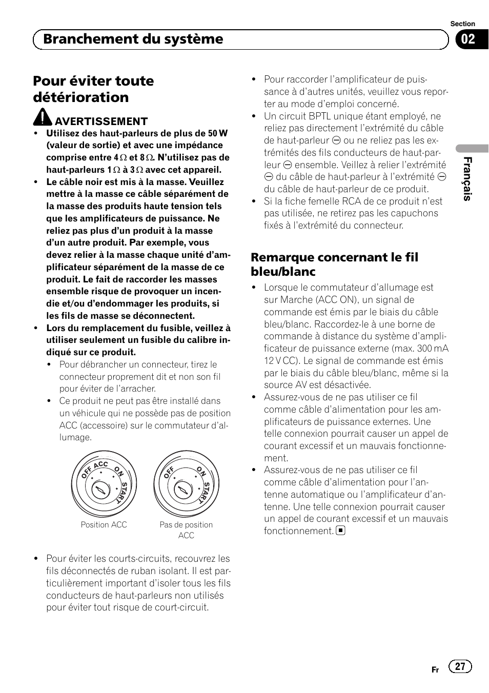 Pour éviter toute détérioration, Remarque concernant le fil bleu, Blanc | 02 branchement du système, Remarque concernant le fil bleu/blanc, Français | Pioneer SPH-DA02 User Manual | Page 27 / 152