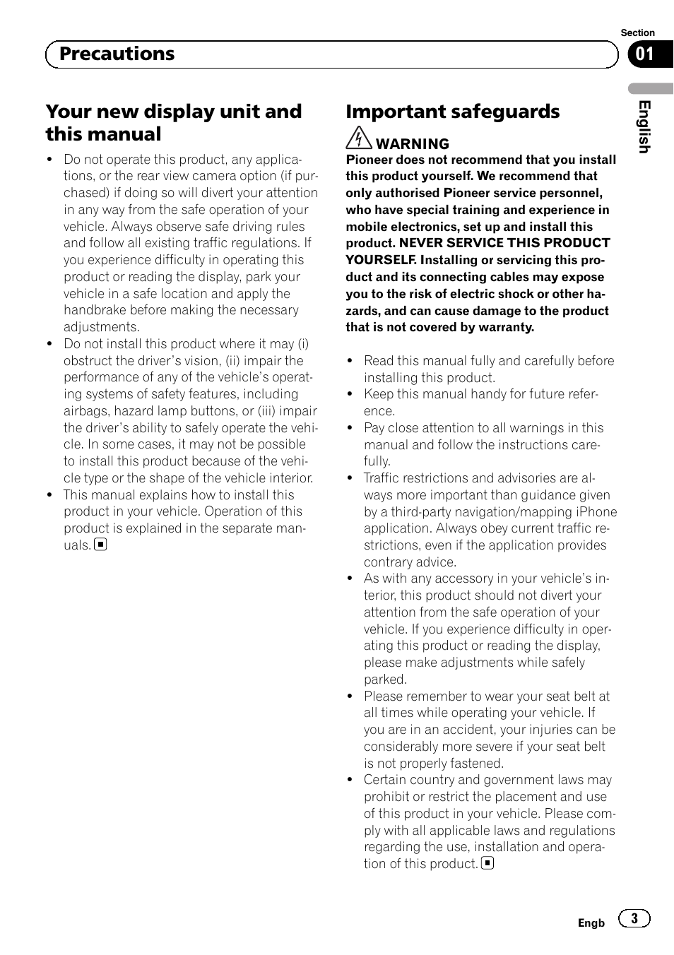Precautions, Your new display unit and this manual, Important safeguards | 01 precautions | Pioneer SPH-DA02 User Manual | Page 3 / 152