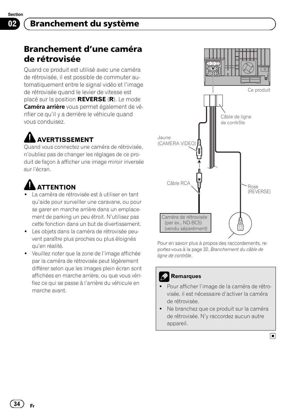Branchement d, Une caméra de, Rétrovisée | Branchement d ’une caméra de rétrovisée, 02 branchement du système | Pioneer SPH-DA02 User Manual | Page 34 / 152
