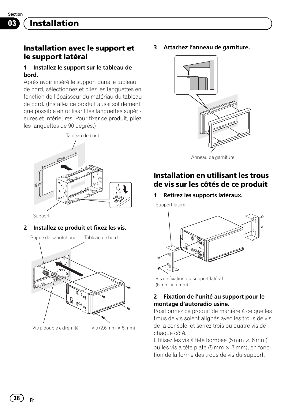 Installation avec le support et le, Support latéral, Installation en utilisant les trous de vis | Sur les côtés de ce produit, 03 installation, Installation avec le support et le support latéral | Pioneer SPH-DA02 User Manual | Page 38 / 152
