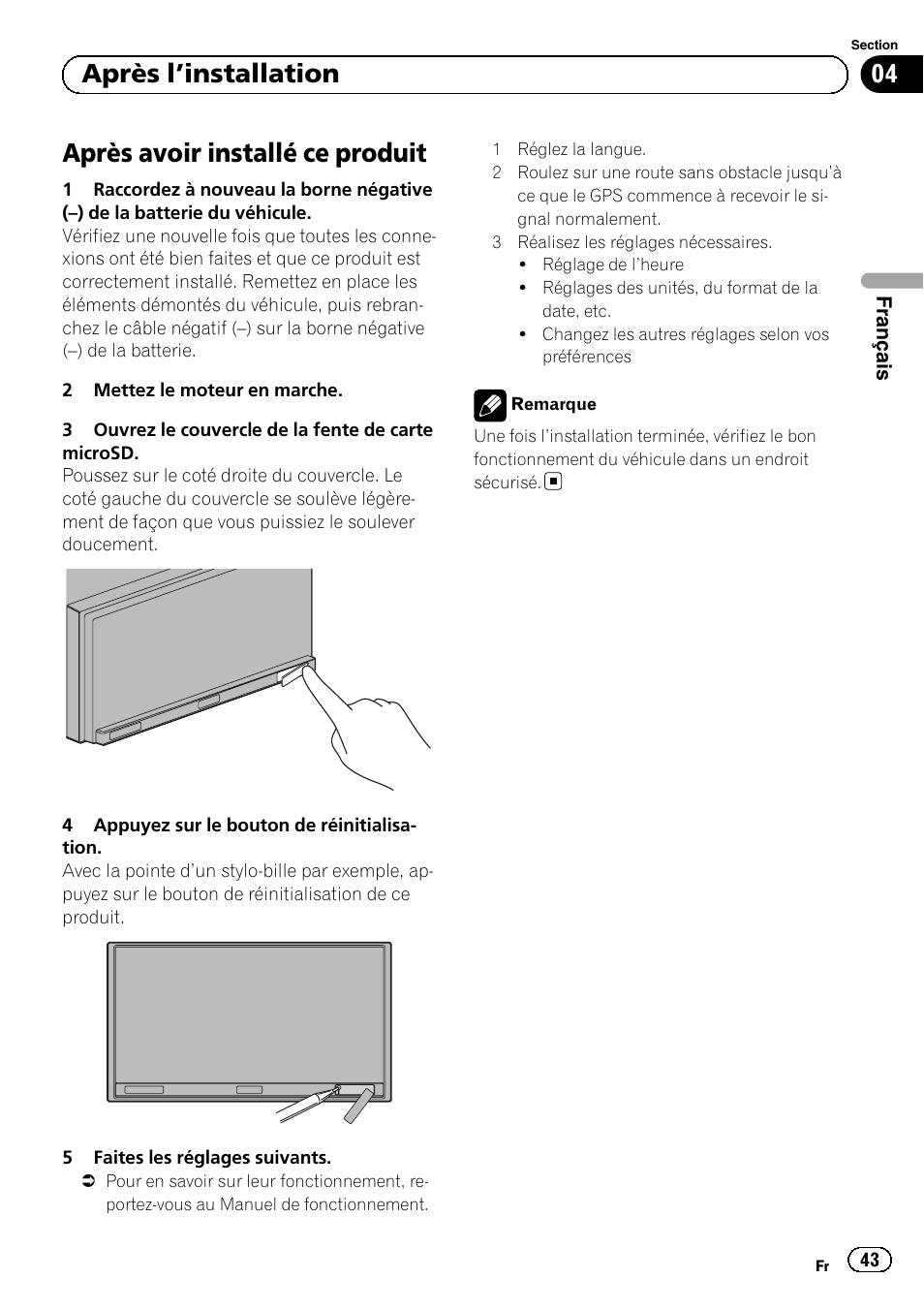 Après l, Installation, Après avoir installé ce produit | 04 après l ’installation | Pioneer SPH-DA02 User Manual | Page 43 / 152
