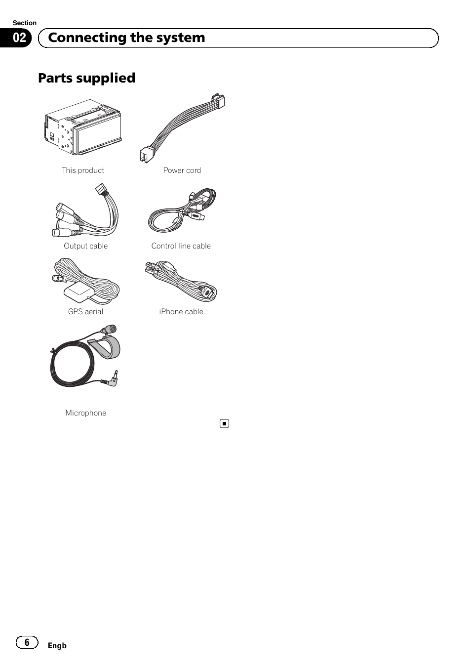 Parts supplied, 02 connecting the system | Pioneer SPH-DA02 User Manual | Page 6 / 152