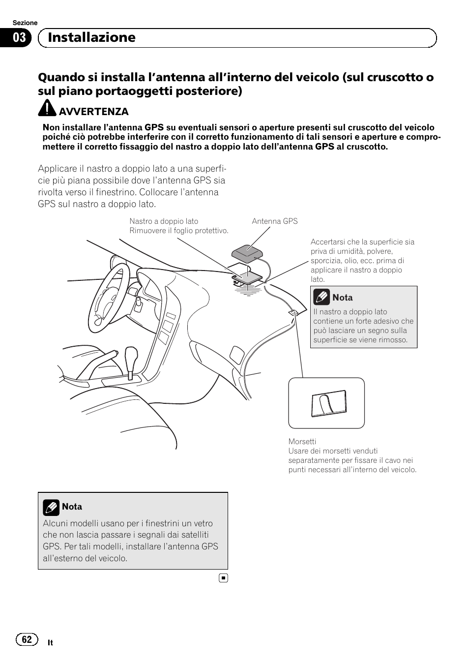 Quando si installa l’antenna all’interno, 03 installazione | Pioneer SPH-DA02 User Manual | Page 62 / 152