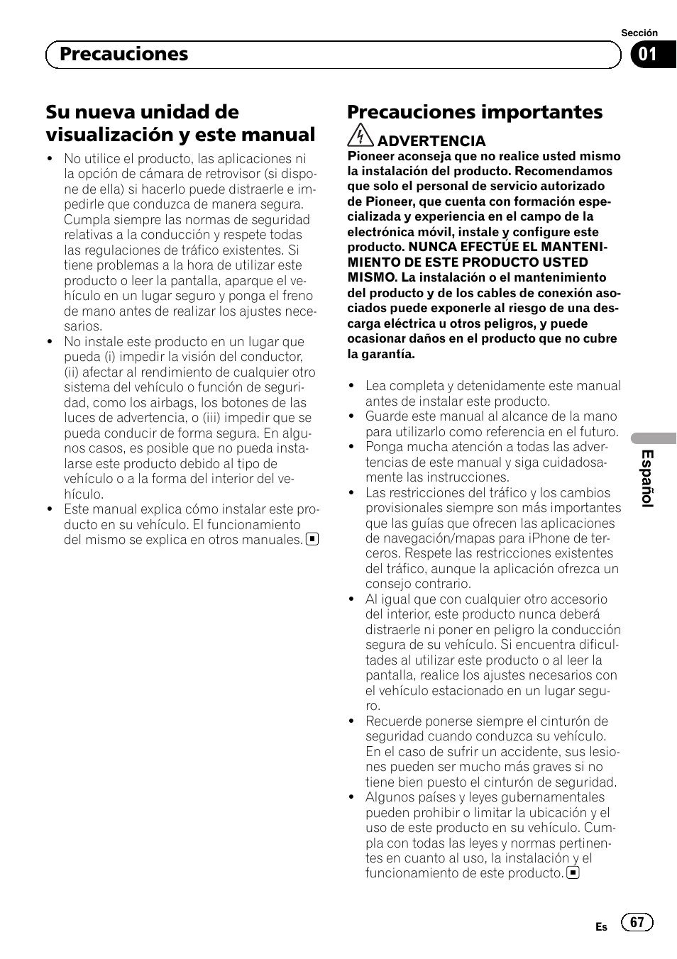 Precauciones, Su nueva unidad de visualización y este, Manual | Precauciones importantes, Su nueva unidad de visualización y este manual, 01 precauciones | Pioneer SPH-DA02 User Manual | Page 67 / 152