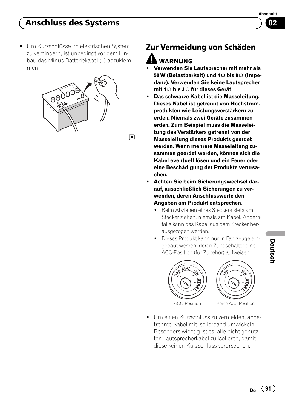 Zur vermeidung von schäden, 02 anschluss des systems, Deutsch | Warnung | Pioneer SPH-DA02 User Manual | Page 91 / 152
