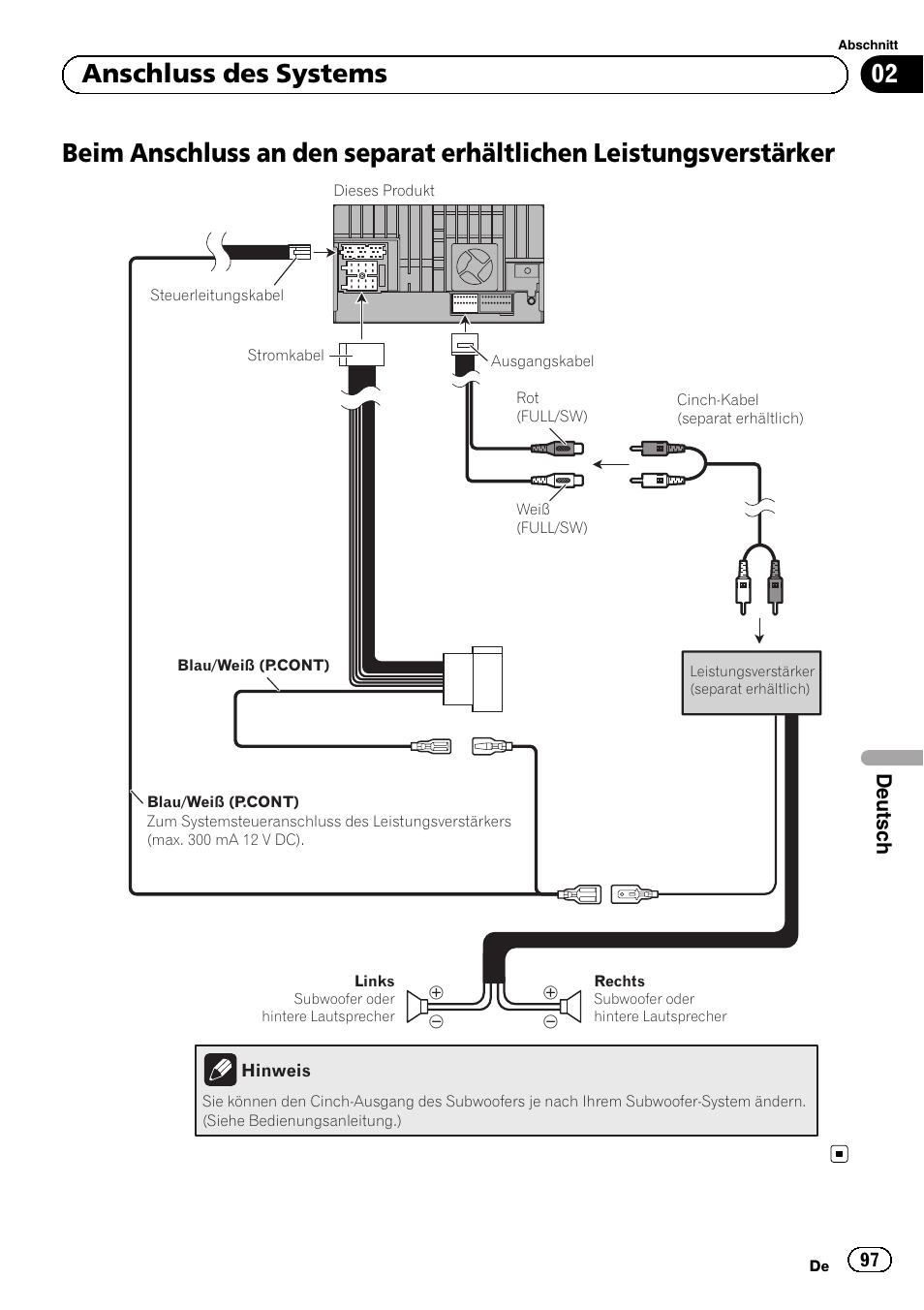 Beim anschluss an den separat erhältlichen, Leistungsverstärker, 02 anschluss des systems | Deutsch | Pioneer SPH-DA02 User Manual | Page 97 / 152