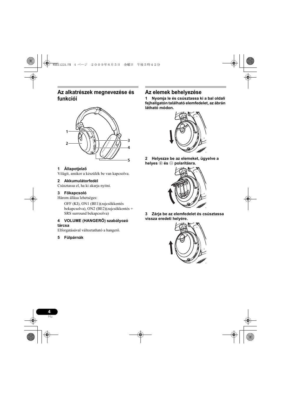 Az alkatrészek megnevezése és funkciói, Az elemek behelyezése | Pioneer SE-NC70S User Manual | Page 100 / 132