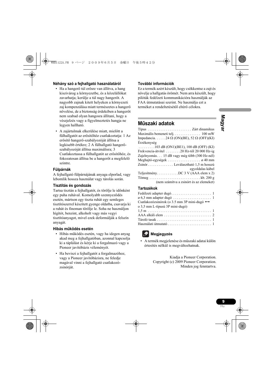 Műszaki adatok | Pioneer SE-NC70S User Manual | Page 105 / 132