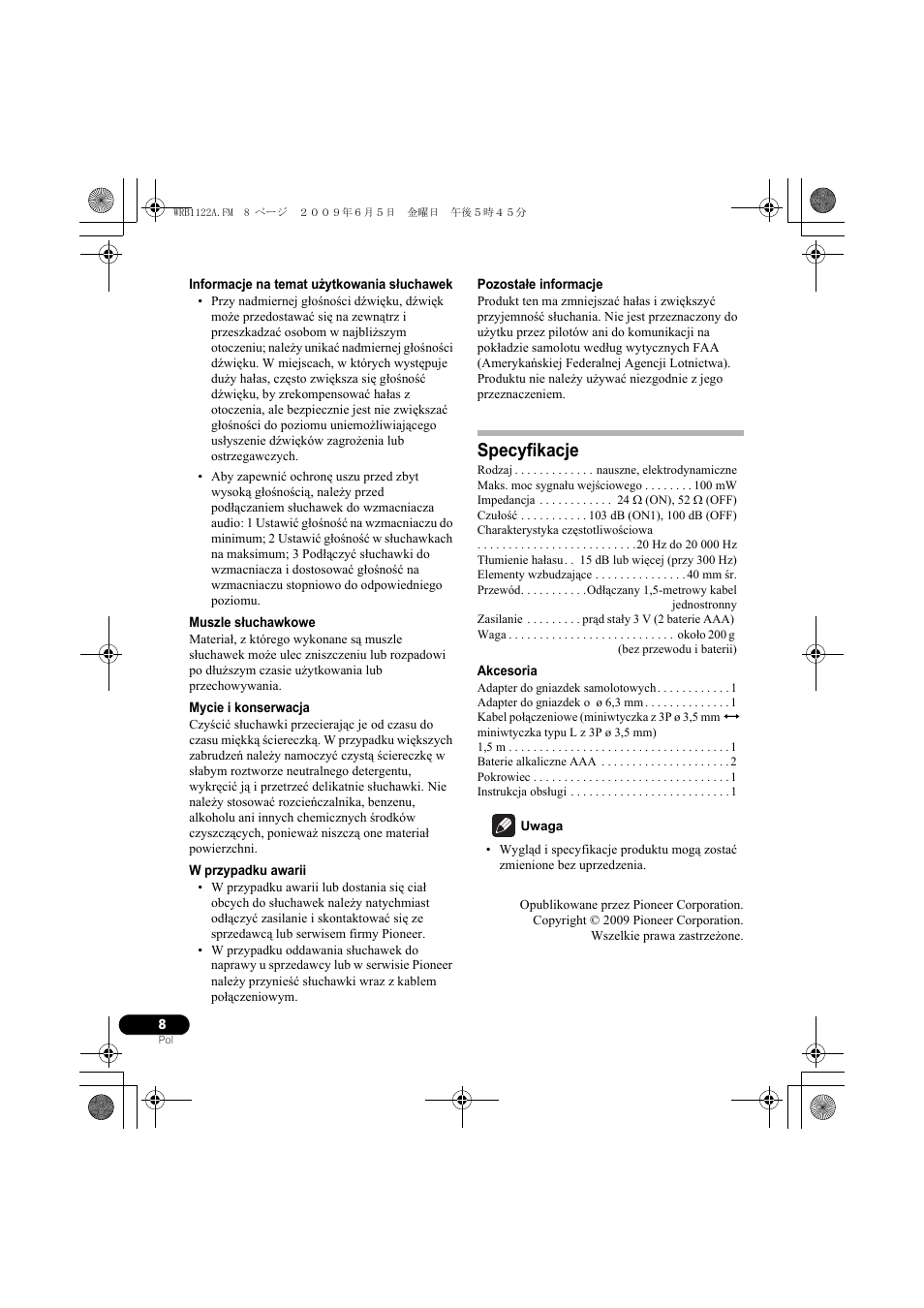 Specyfikacje | Pioneer SE-NC70S User Manual | Page 128 / 132