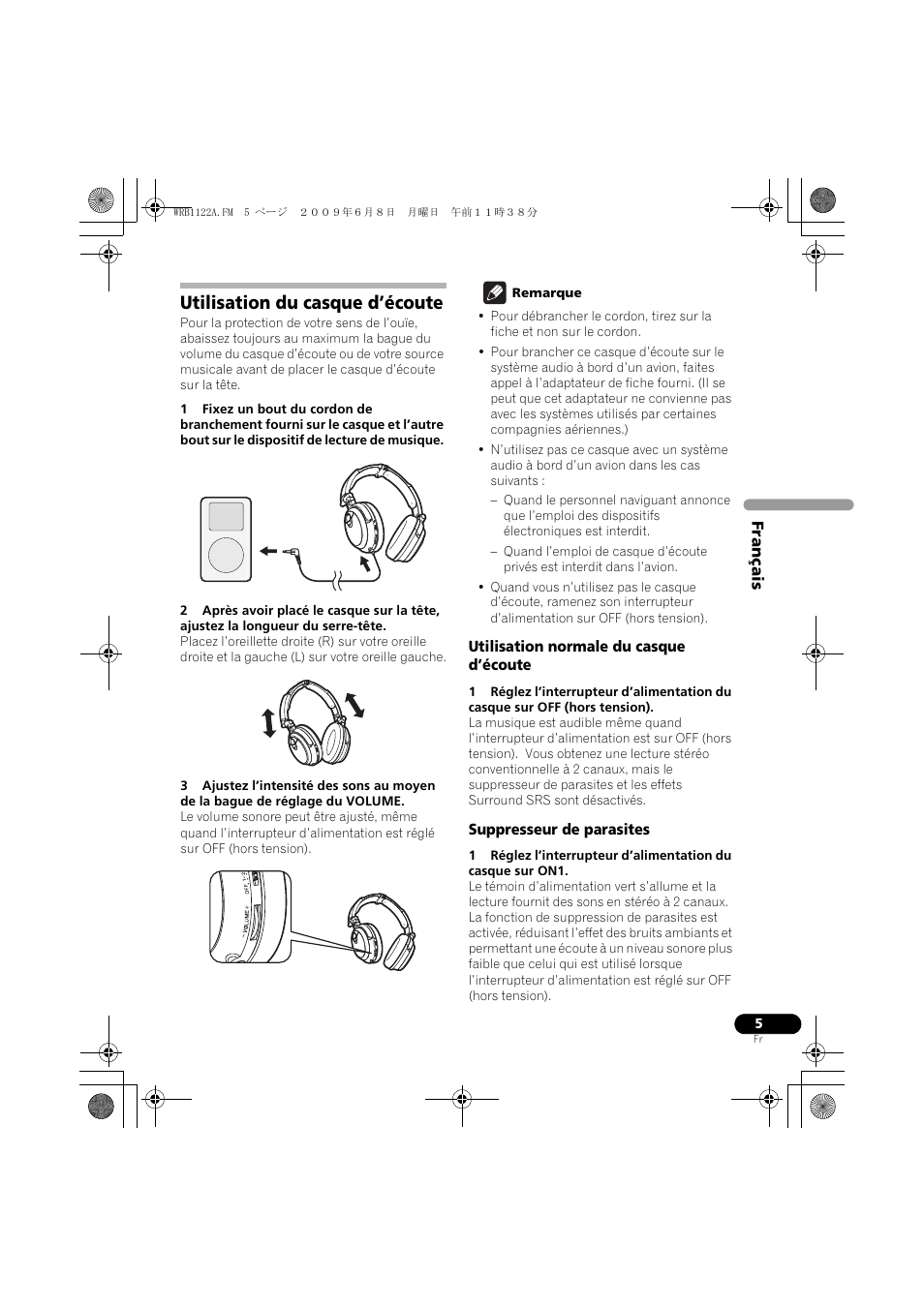 Utilisation du casque d’écoute | Pioneer SE-NC70S User Manual | Page 13 / 132