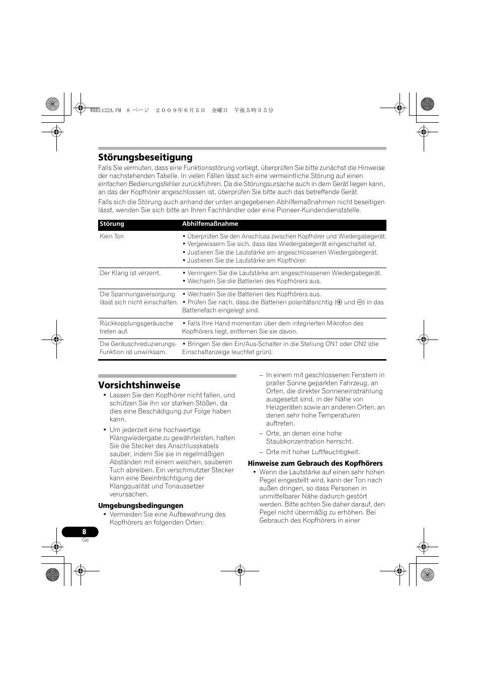 Störungsbeseitigung, Vorsichtshinweise | Pioneer SE-NC70S User Manual | Page 24 / 132