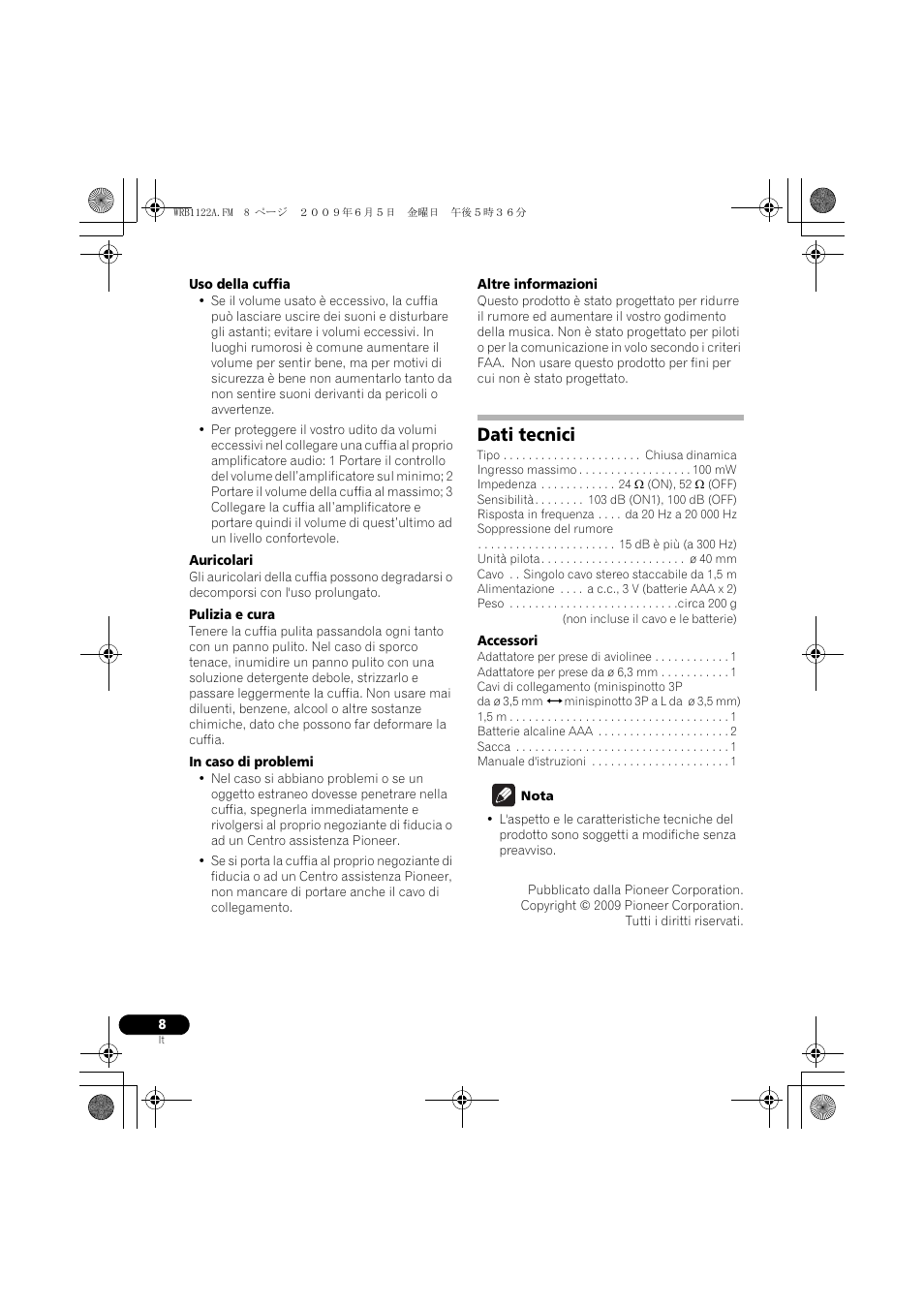 Dati tecnici | Pioneer SE-NC70S User Manual | Page 32 / 132