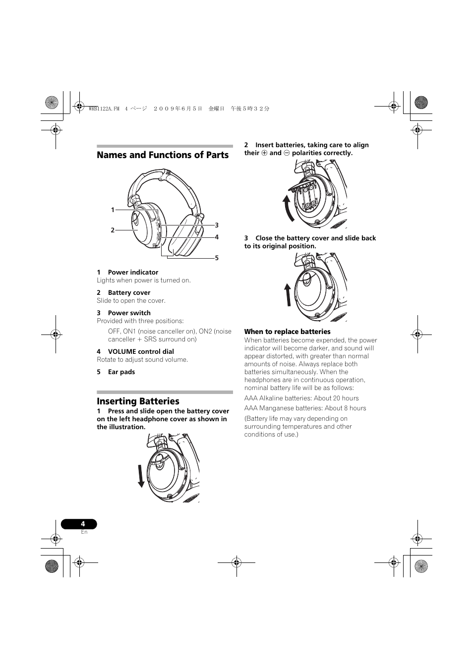 Names and functions of parts, Inserting batteries | Pioneer SE-NC70S User Manual | Page 4 / 132