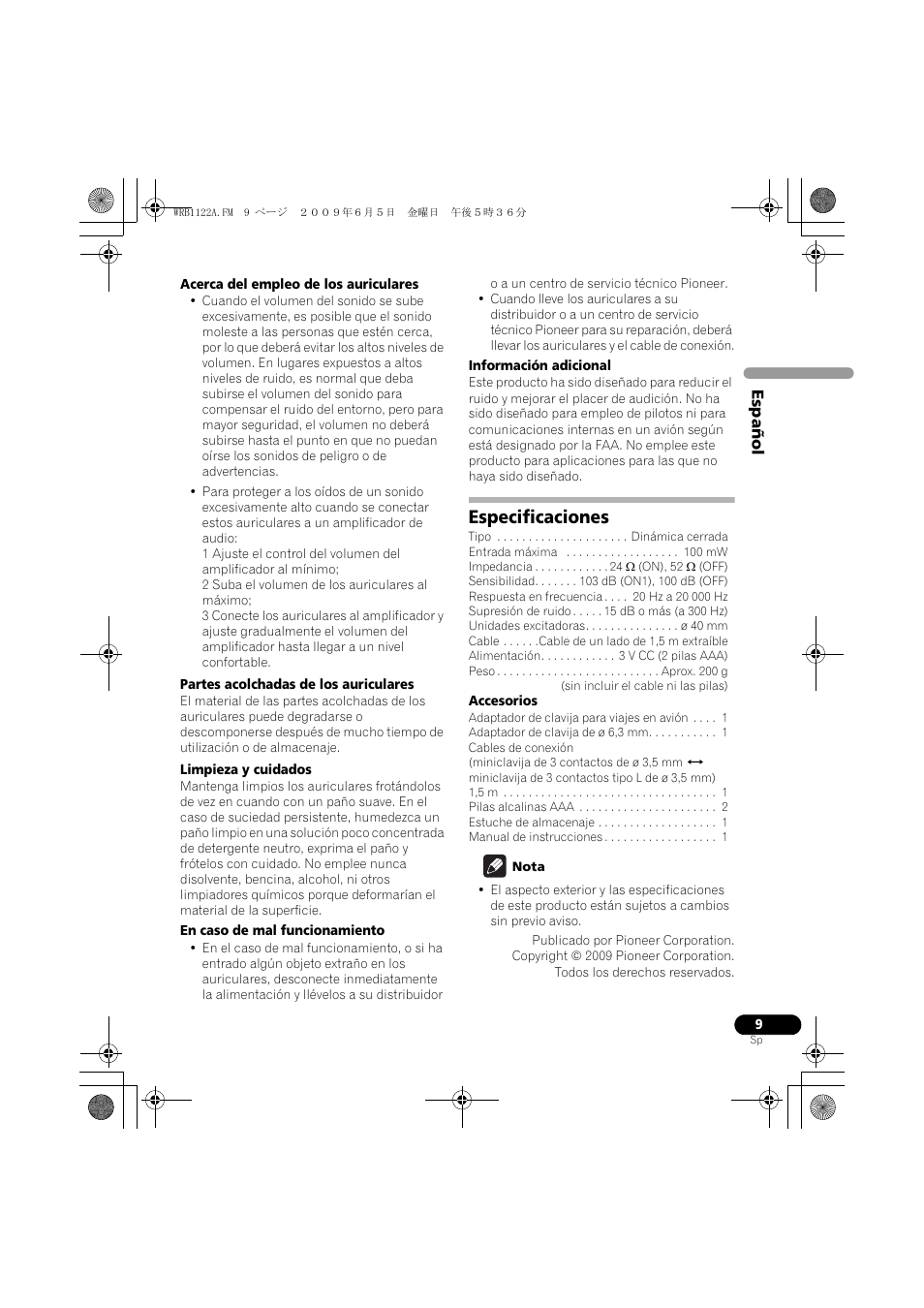 Especificaciones | Pioneer SE-NC70S User Manual | Page 41 / 132