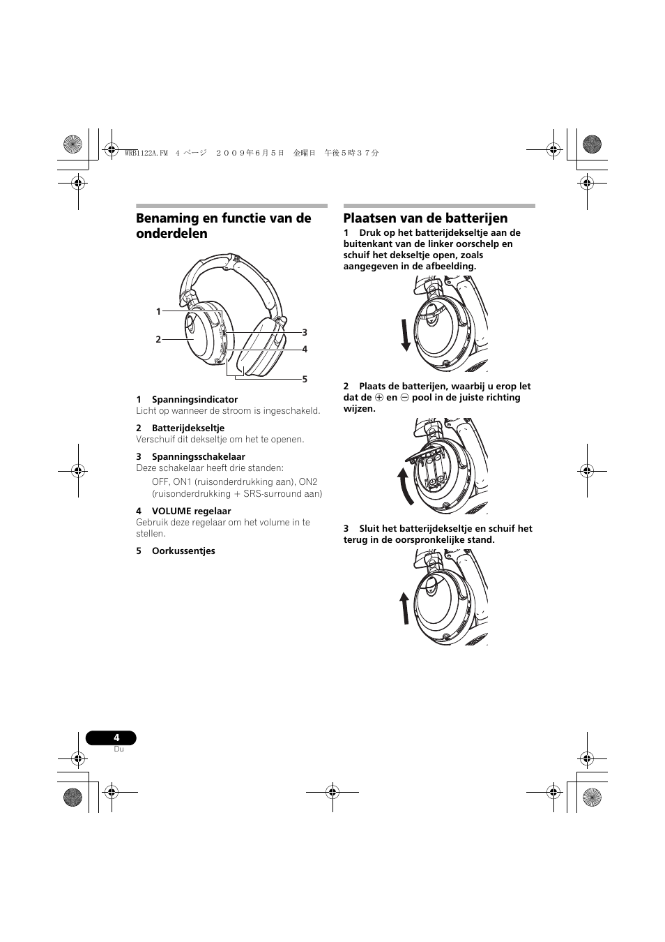 Benaming en functie van de onderdelen, Plaatsen van de batterijen | Pioneer SE-NC70S User Manual | Page 44 / 132