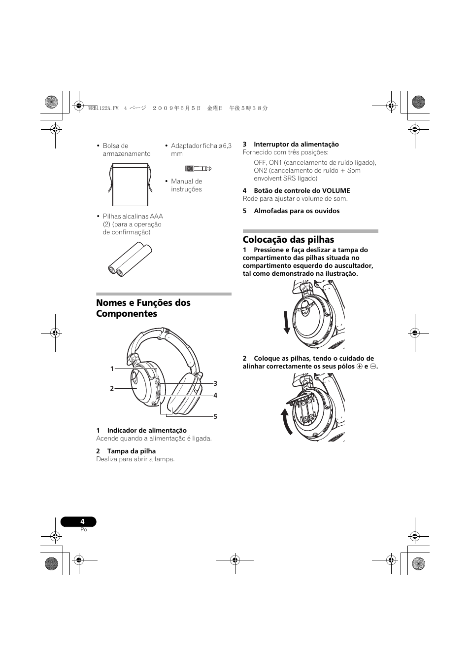 Nomes e funções dos componentes, Colocação das pilhas | Pioneer SE-NC70S User Manual | Page 52 / 132