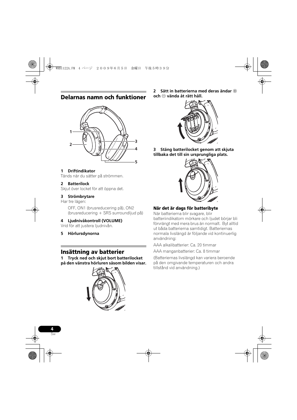 Delarnas namn och funktioner, Insättning av batterier | Pioneer SE-NC70S User Manual | Page 60 / 132