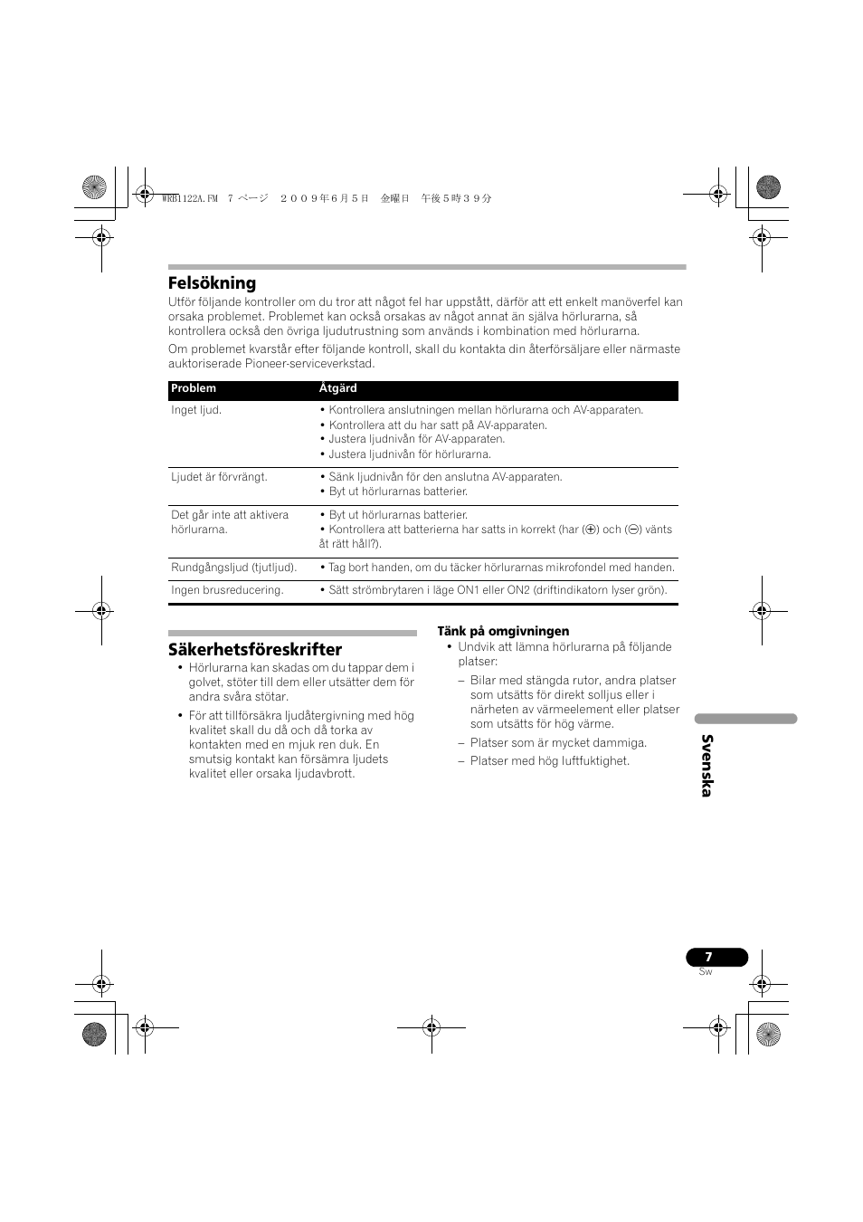 Felsökning, Säkerhetsföreskrifter | Pioneer SE-NC70S User Manual | Page 63 / 132