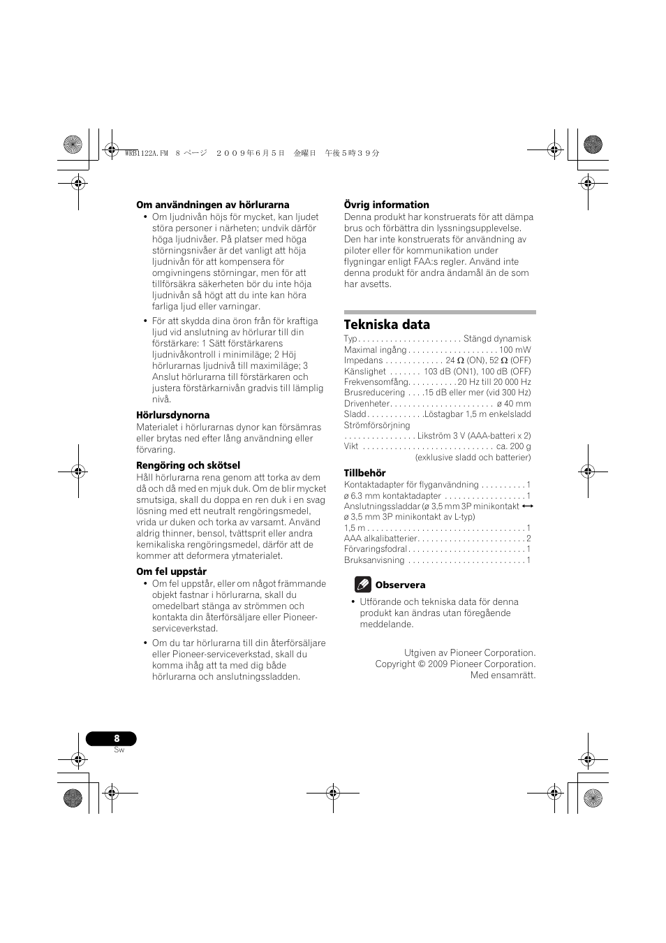 Tekniska data | Pioneer SE-NC70S User Manual | Page 64 / 132