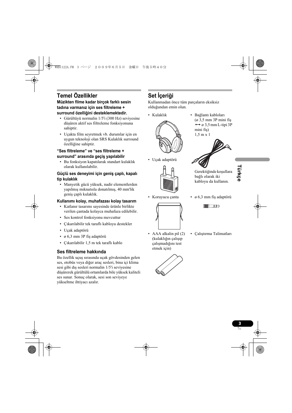 Temel özellikler, Set içeriği | Pioneer SE-NC70S User Manual | Page 75 / 132