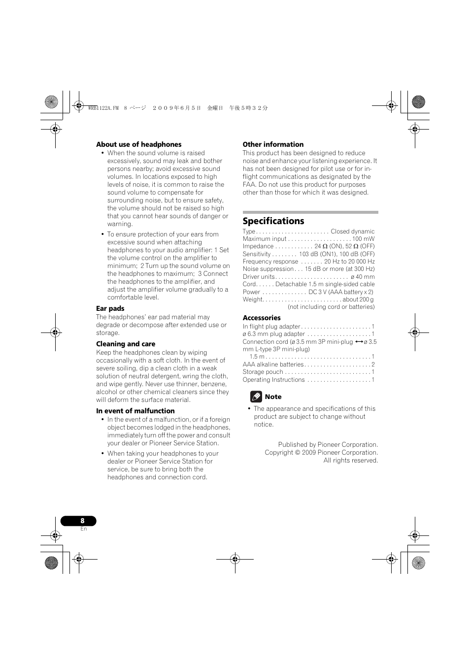 Specifications | Pioneer SE-NC70S User Manual | Page 8 / 132