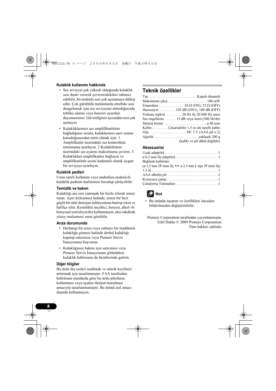 Teknik özellikler | Pioneer SE-NC70S User Manual | Page 80 / 132