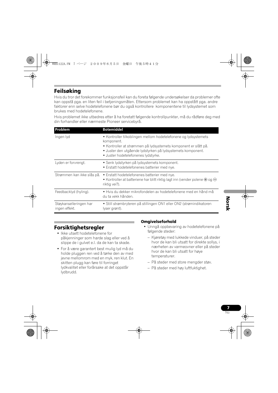 Feilsøking, Forsiktighetsregler | Pioneer SE-NC70S User Manual | Page 87 / 132