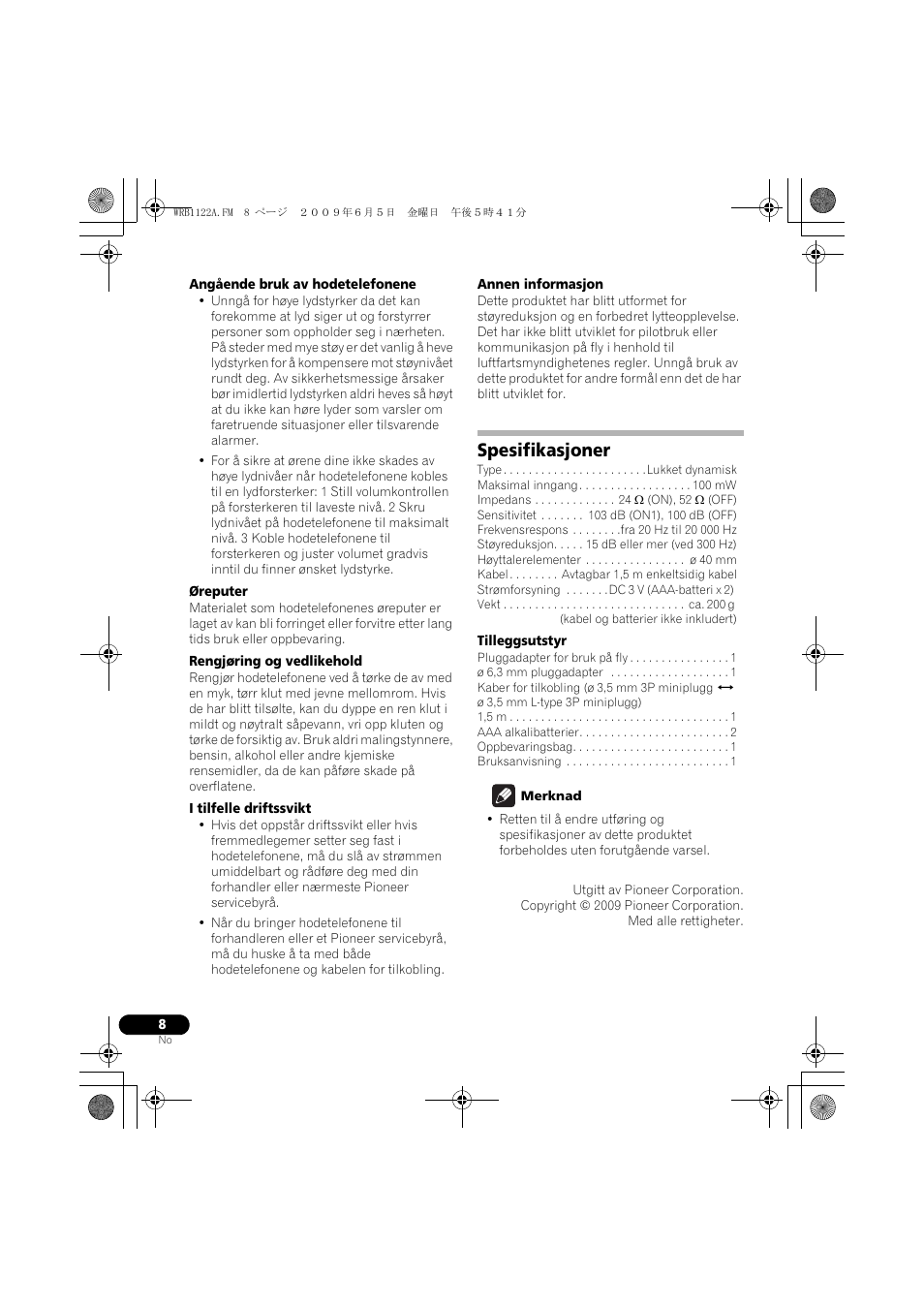 Spesifikasjoner | Pioneer SE-NC70S User Manual | Page 88 / 132