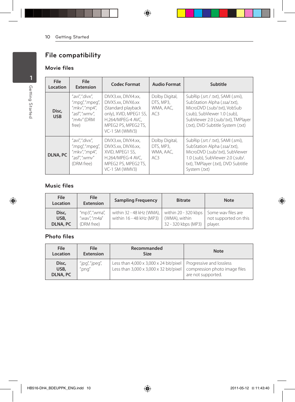 10 – file compatibility, File compatibility, Movie files | Music files, Photo files | Pioneer BCS-FS111 User Manual | Page 10 / 376